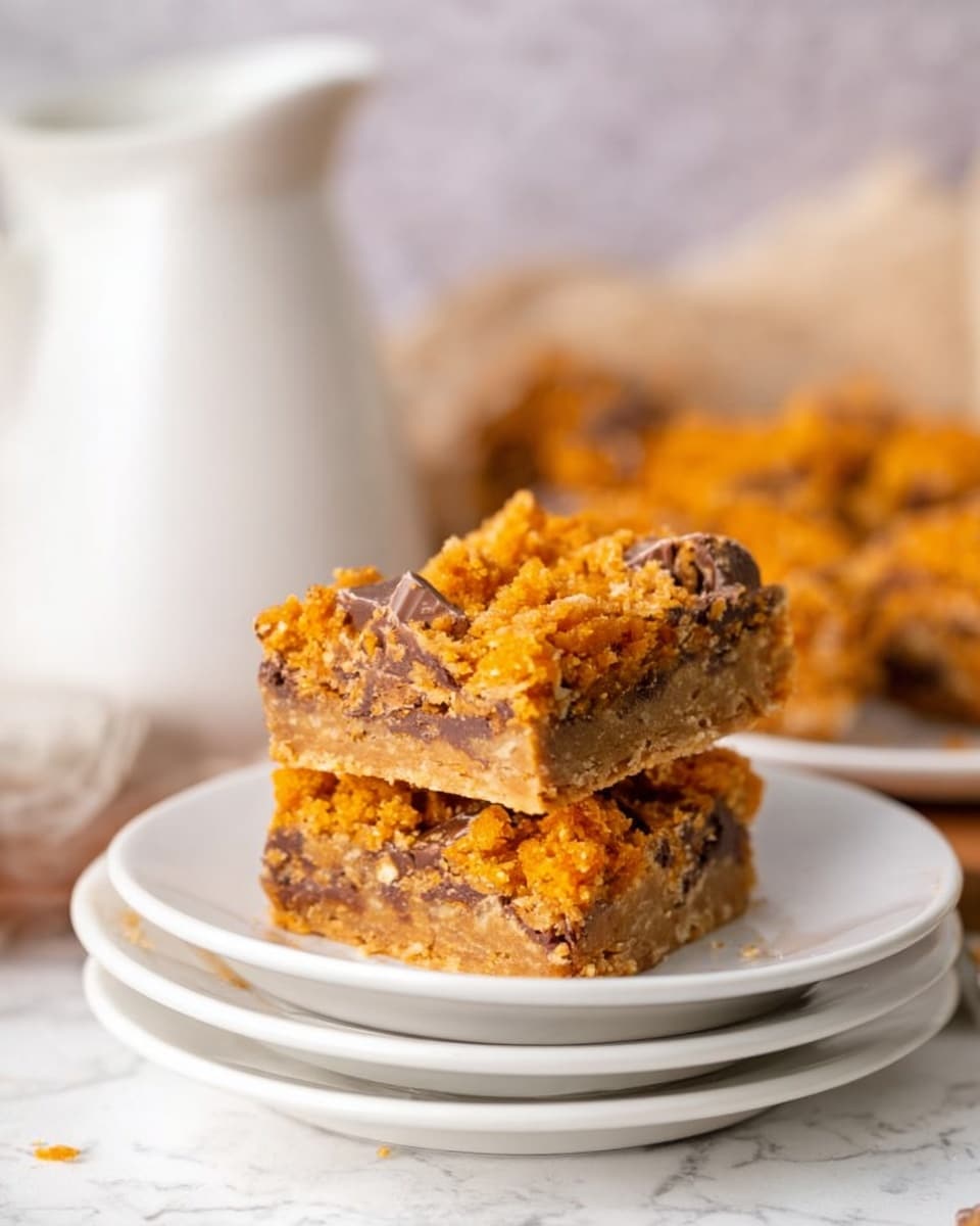 The image shows three layered dessert bars on a white plate. Each bar has a golden brown crumbly top layer with pieces of chocolate and crushed cookie bits scattered over it. The middle layer looks creamy and light orange, while the bottom layer is a thin, slightly darker crust. The plate is placed on a blue and white striped cloth over a wooden board. Near the plate, there are two pieces of chocolate bars, with one partially broken. In the background, there is a clear glass mug filled with milk, a green plant, and a white ceramic container holding wooden utensils, all set against a white marbled surface. photo taken with an iphone --ar 4:5 --v 7