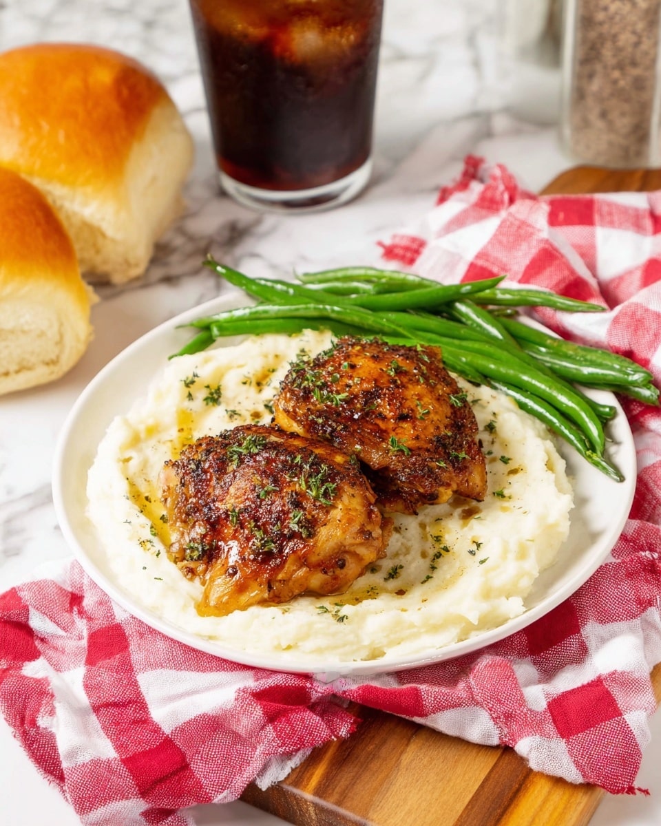 The image shows a white plate with three layers of food, all placed on a red and white checkered cloth over a wooden board on a white marbled surface. The bottom layer is creamy white mashed potatoes spread evenly across the plate. On top of the mashed potatoes, there are two pieces of crispy, golden-brown roasted chicken thighs with herbs sprinkled over them. Next to the chicken and mashed potatoes, there are several bright green cooked green beans neatly lined up. To the left of the plate, there is a soft, golden-brown bread roll. In the background, there is a glass with dark soda and ice, and another container partially visible. photo taken with an iphone --ar 4:5 --v 7