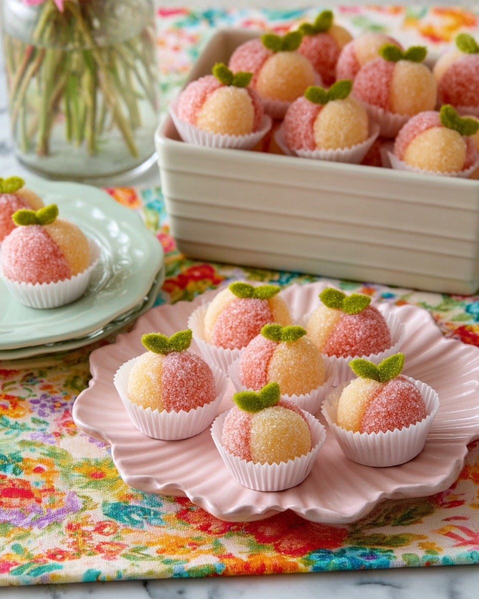 The image shows small round peach-shaped sweets placed in white cupcake liners with a green leaf decoration on top of each. Each sweet has two textured halves that blend soft pink and light yellow colors, coated in granulated sugar that gives a sparkling effect. The sweets sit on a white, scalloped-edge plate with a slight pink tint, all set on a vibrant, colorful floral cloth over a white marbled surface. In the background, a white ceramic container holds more similar sweets piled inside, creating a cozy and inviting look. Photo taken with an iphone --ar 4:5 --v 7