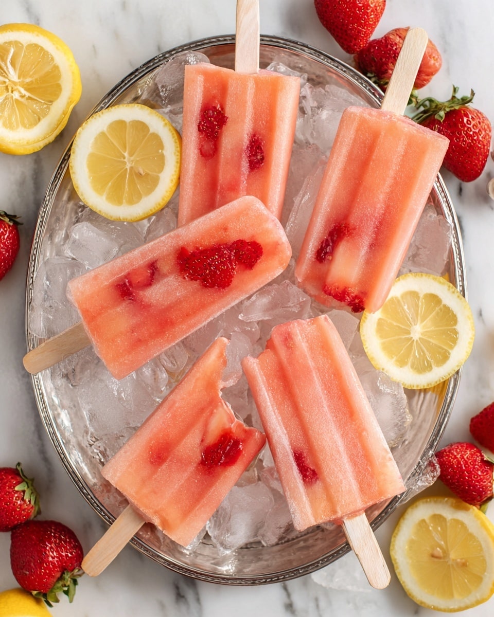 A silver tray holds six popsicles that are light pink with small red strawberry pieces layered inside the top half, each with a wooden stick at the bottom. The popsicles rest on a bed of clear ice cubes and bright yellow lemon slices, while whole strawberries and lemon halves surround the tray on a surface with a white marbled texture. The popsicles have a smooth, slightly frosty look, and the colors blend softly for a fresh summer feel. photo taken with an iphone --ar 4:5 --v 7
