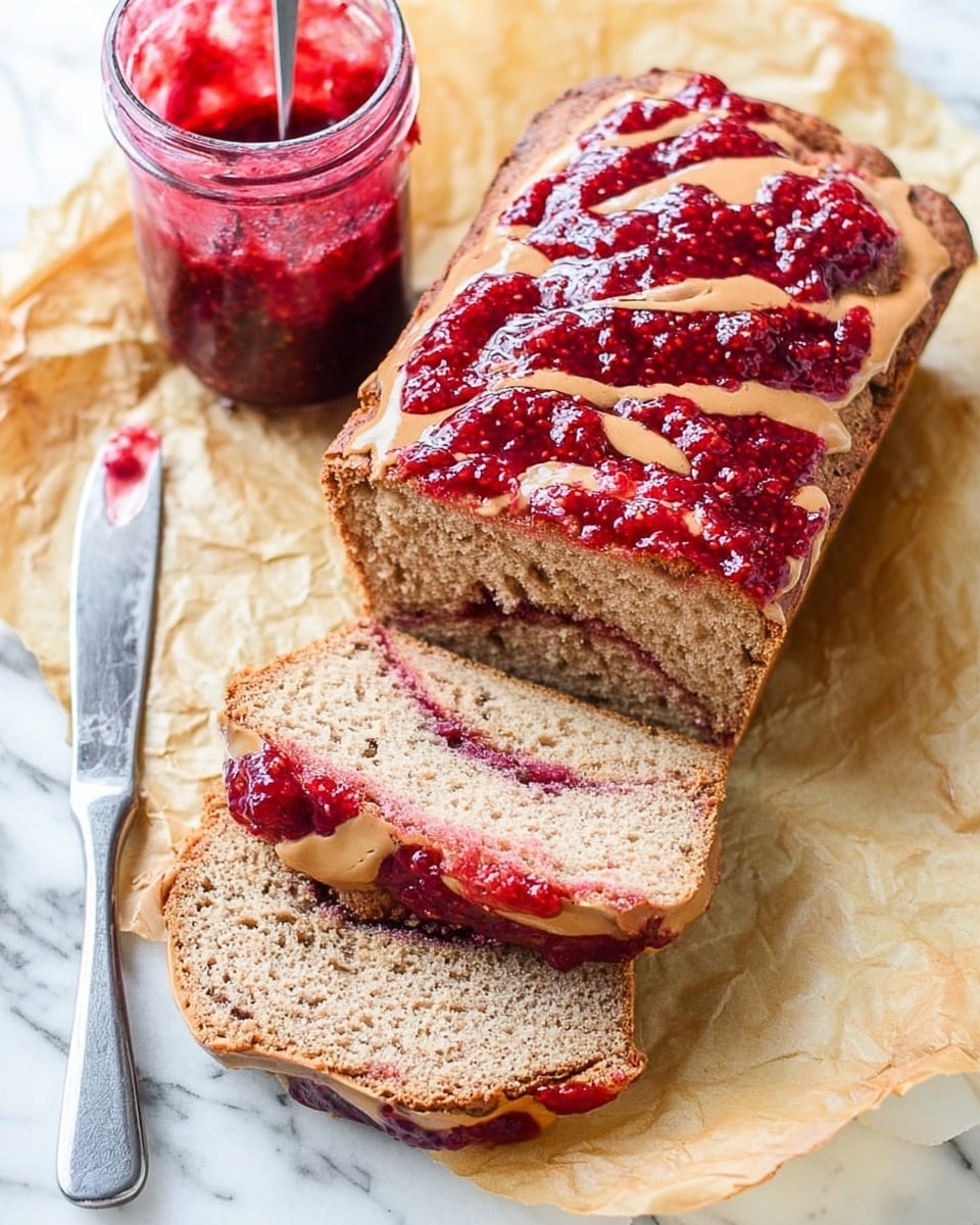 A loaf of bread with two slices cut in front shows three clear layers: the light brown inside texture with a soft crumb, a middle swirled layer of bright red raspberry jam mixed with smooth tan peanut butter, and a top layer that is thick with raspberry jam and drizzled peanut butter in uneven streaks. The bread rests on crumpled brown parchment paper on a white marbled surface. To the left, a small clear jar of chunky red raspberry jam sits, and to the right, a knife lies on the surface near a folded green cloth. Photo taken with an iphone --ar 4:5 --v 7