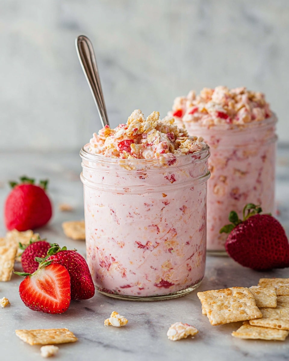 Three clear glass cups are filled with a creamy pink mixture that has small red fruit pieces and tiny yellow seeds mixed throughout. Each cup is topped with a dollop of white cream, bright red sliced strawberries, a few black berries, and several square pieces of light brown graham crackers. The cups are placed on a white marbled surface, and a whole fresh strawberry with green leaves sits beside the closest cup on the right. Photo taken with an iphone --ar 4:5 --v 7