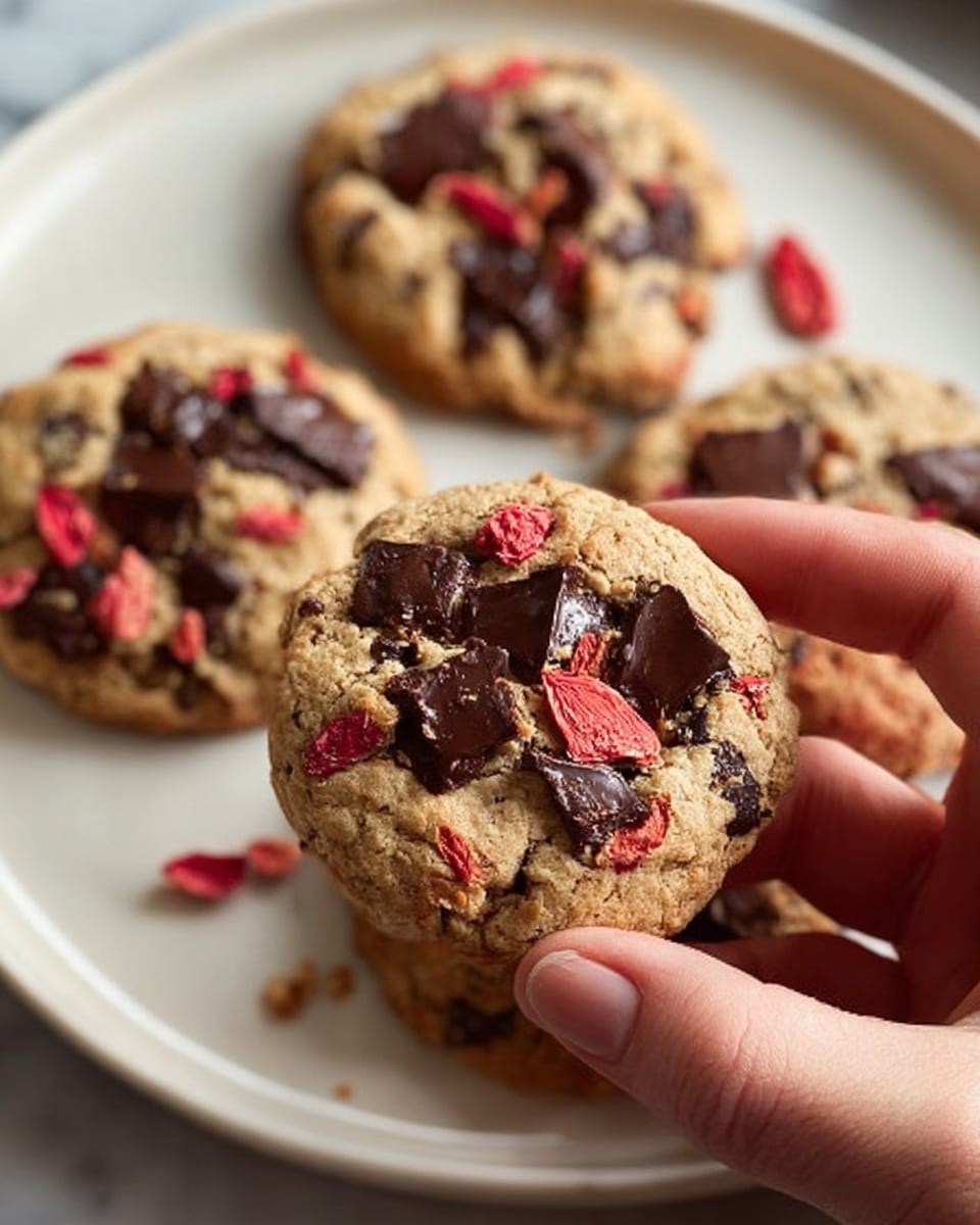 A close-up view of a woman's hand holding one round cookie with a slightly golden-brown texture, dark melted chocolate chunks melting across the surface, and small bright red dried fruit pieces scattered on top. The plate beneath shows four more similar cookies, all round with the same colors and toppings. The plate is white, sitting on a white marbled surface. The lighting highlights the soft and slightly crumbly texture of the cookies and the glossy shine of the chocolate. photo taken with an iphone --ar 4:5 --v 7
