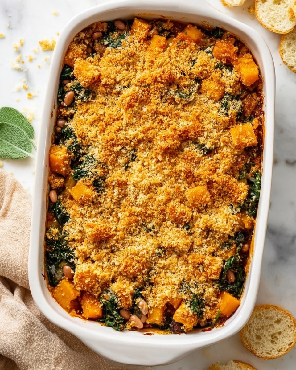 This image shows a close-up of a white baking dish filled with a baked casserole. The top layer is golden brown and crunchy, made from toasted breadcrumbs. Below that, there are chunks of soft, orange sweet potatoes mixed with wilted green leafy vegetables and small pieces of browned sausage. A silver serving spoon is scooping a portion from the dish, showing the mix of tender layers inside. The dish is placed on a white marbled surface, and a green herb leaf is visible nearby. photo taken with an iphone --ar 4:5 --v 7