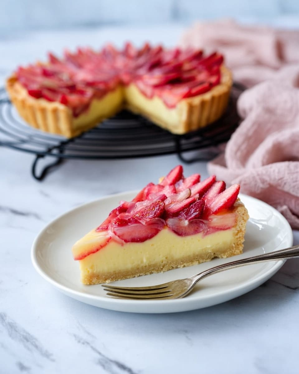 The image shows a slice of tart placed on a white plate with a silver fork beside it resting on a white marbled surface. The tart has three visible layers: a pale yellow thick crust at the bottom, a lighter yellow creamy filling above it, and a top layer of red and pink thinly sliced fruit arranged in a row, fanning out from the center. In the background, the whole tart sits on a black wire rack, showing the same layers and fruit arrangement. A soft, light pink cloth is casually placed near the tart. photo taken with an iphone --ar 4:5 --v 7