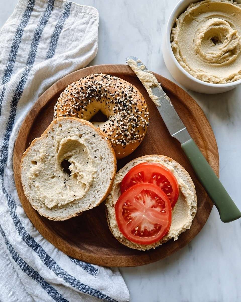 A close-up image shows a sesame seed bagel sliced in half and placed on a round wooden board with a white marbled surface underneath. One half of the bagel is spread evenly with a creamy, beige hummus layer with a smooth but slightly textured surface. Nearby, the other half has two bright red, juicy tomato slices stacked on top, showing their inner seeds and flesh clearly. In the background, a woman's hand is gently holding the hummus-covered bagel half, ready to lift it. The colors and textures of the bagel, hummus, and tomato create a fresh and inviting look. Photo taken with an iphone --ar 4:5 --v 7