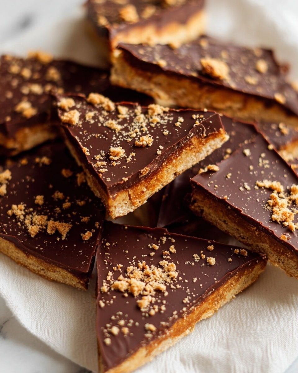 The image shows several pieces of chocolate-covered snack bars broken into triangles and rectangles. Each piece has a bottom layer of light golden brown with a crunchy texture, topped by a thick, smooth, dark brown chocolate layer that shines slightly. On top of the chocolate are small scattered crumbs of a lighter, beige color, adding a bit of texture. The pieces are placed closely together on a soft white cloth, all resting on a white marbled surface. photo taken with an iphone --ar 4:5 --v 7