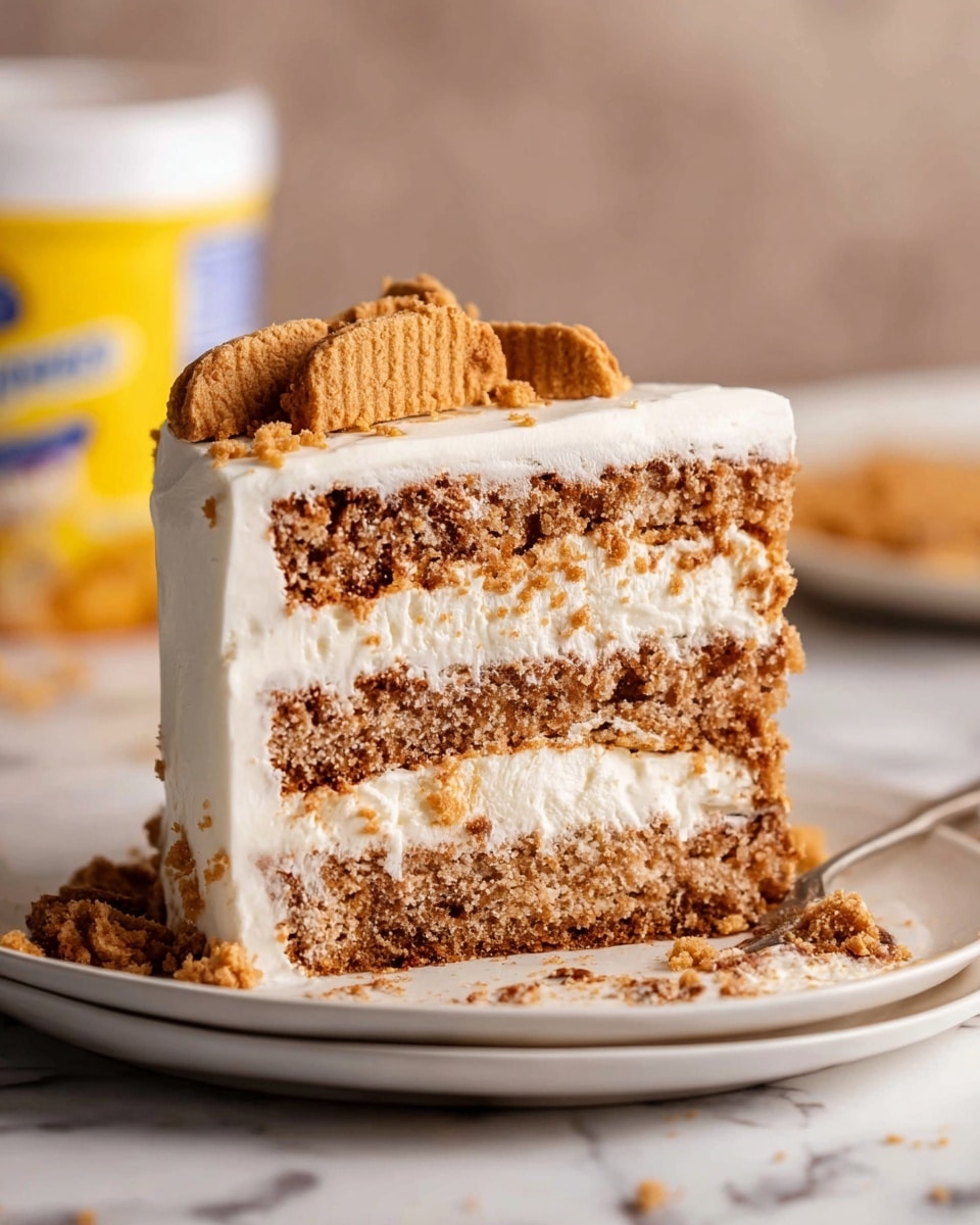 The image shows a slice of two-layered cake on a white plate with ridged edges. The cake layers are light brown and crumbly with a thick white creamy frosting layer in between and covering the top and sides. A silver fork with a bite of cake is resting on the plate next to the slice. Around the plate, there are cake crumbs scattered on a white marbled surface. In the top left corner, a few small round cookie sandwiches with white filling are partially visible. The photo taken with an iphone --ar 4:5 --v 7