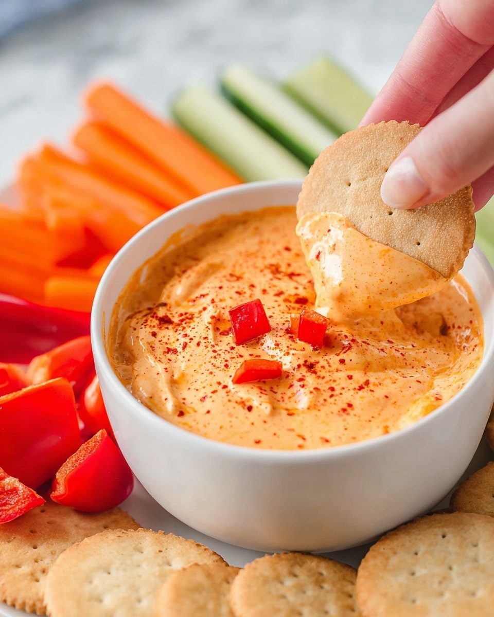 A close-up image of a small white bowl filled with creamy orange dip, topped with small pieces of red bell pepper and a sprinkle of red seasoning, showing a smooth and slightly thick texture. A woman's hand is holding a round cracker dipped into the sauce just above the bowl. Around the bowl, arranged in the background on a white marbled surface, are several carrot sticks, cucumber sticks, cherry tomatoes, and more round crackers. The colors include orange from the dip and carrots, green from the cucumber, red from the peppers and tomatoes, and beige from the crackers, creating a fresh and vibrant look. photo taken with an iphone --ar 4:5 --v 7