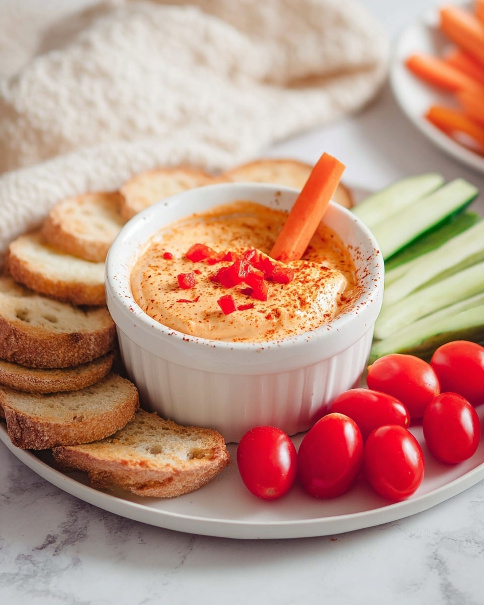 The image shows a white ceramic bowl filled with a creamy, orange dip topped with small red bell pepper pieces and a sprinkle of paprika. One carrot stick is dipped into the creamy dip, standing upright. The bowl is placed on a white plate with toasted bread rounds fanned out on one side. On the other side of the plate, there are fresh carrot sticks, cucumber sticks, and small red cherry tomatoes arranged closely. The whole setup is on a white marbled surface with a soft, cream-colored textured cloth in the blurry background. Photo taken with an iphone --ar 4:5 --v 7