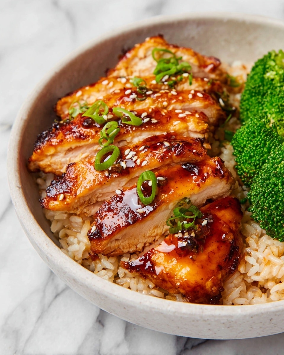 The dish shows several slices of golden-brown grilled chicken with a slightly crispy texture and glazed with a shiny sauce, placed on a bed of light brown rice. The chicken pieces are topped with small green onion pieces and sprinkled with white sesame seeds. On the lower right side of the bowl, there is a portion of bright green broccoli adding color contrast. The meal is served in a white bowl, sitting on a white marbled surface. photo taken with an iphone --ar 4:5 --v 7