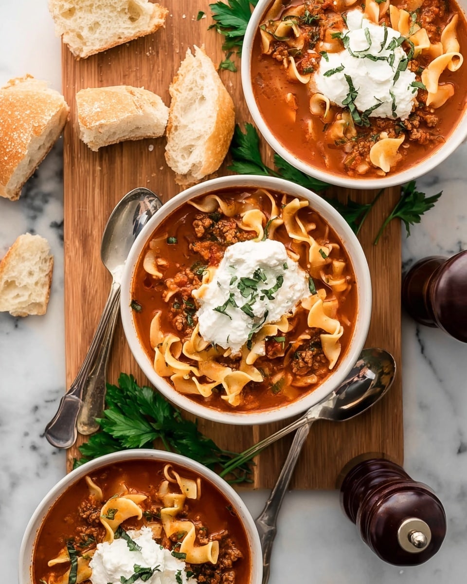 A white bowl filled with a thick, rich tomato soup mixed with small pasta pieces, visible leafy greens, and bits of herbs. On top of the soup, there is a generous dollop of white creamy cheese, garnished with several small green parsley leaves. A silver spoon is positioned inside the bowl on the right side. The bowl is placed on a white marbled surface, with some green parsley sprigs scattered around and a piece of bread showing at the bottom left corner. Another white bowl filled with the same soup is partially visible in the blurred background. photo taken with an iphone --ar 4:5 --v 7