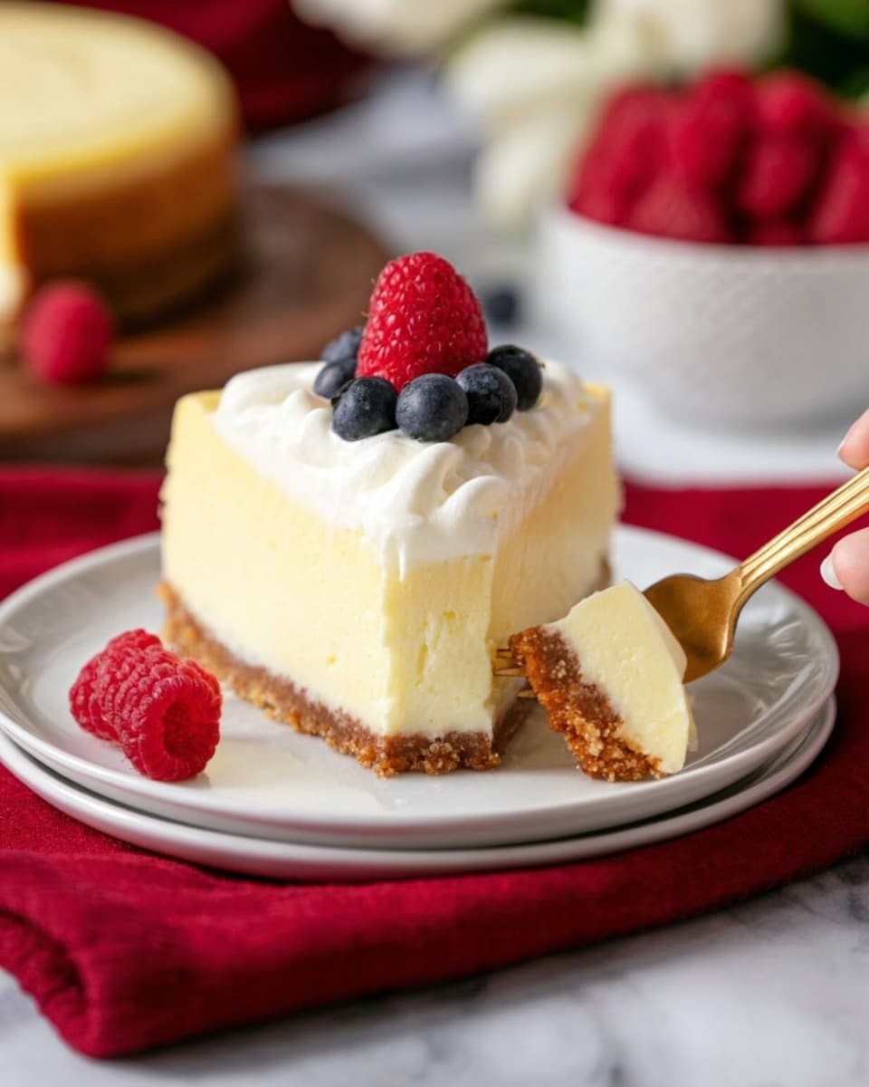 The image shows a round cheesecake sliced into eight thick pieces, placed on a dark metal pan covered with a light cloth. The cheesecake has three layers: a thick golden-brown crust at the bottom, a dense creamy yellow middle layer, and a smooth white cream layer on top. Two bright red raspberries sit in the center on top of the cream layer. In the background, there are two white plates each holding a slice of cheesecake with a fork resting on them, a white bowl filled with fresh raspberries, scattered blueberries, and soft white flowers on a white marbled surface. Photo taken with an iphone --ar 4:5 --v 7