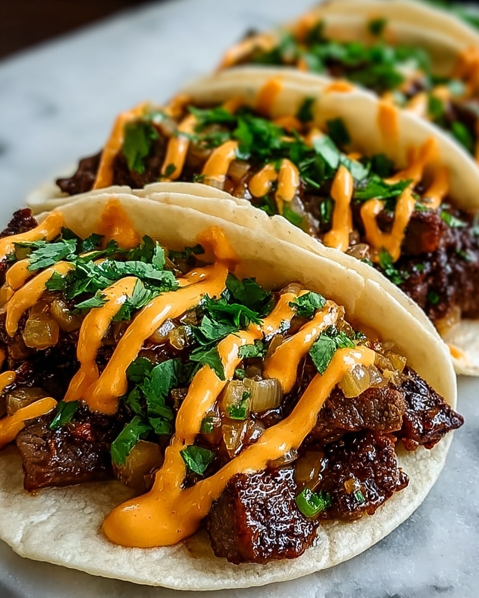 A close-up shot of several soft white tortillas each topped with three layers: the first layer is dark brown grilled meat pieces with small bits of sautéed yellow onions, the second layer is an orange creamy sauce drizzled in a zigzag pattern over the meat, and the third layer is fresh chopped green cilantro sprinkled on top, all resting on a white marbled surface. photo taken with an iphone --ar 4:5 --v 7