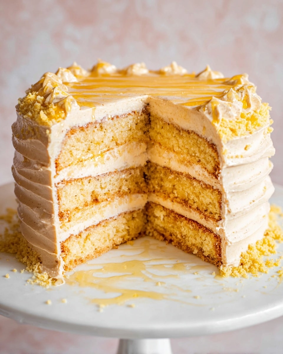 The image shows a slice of three-layer yellow cake on a white plate with a white marbled texture under it. Each layer of the cake is light yellow with a soft, moist texture, and between the layers is a thin, creamy white frosting that looks smooth and light. The cake is topped with the same creamy white frosting, which is spread evenly but not thickly. On the plate next to the cake slice, there is a wooden honey dipper with honey dripping on the plate. A woman's hand is holding the honey dipper. The background includes some blurred white plates stacked together. Photo taken with an iphone --ar 4:5 --v 7