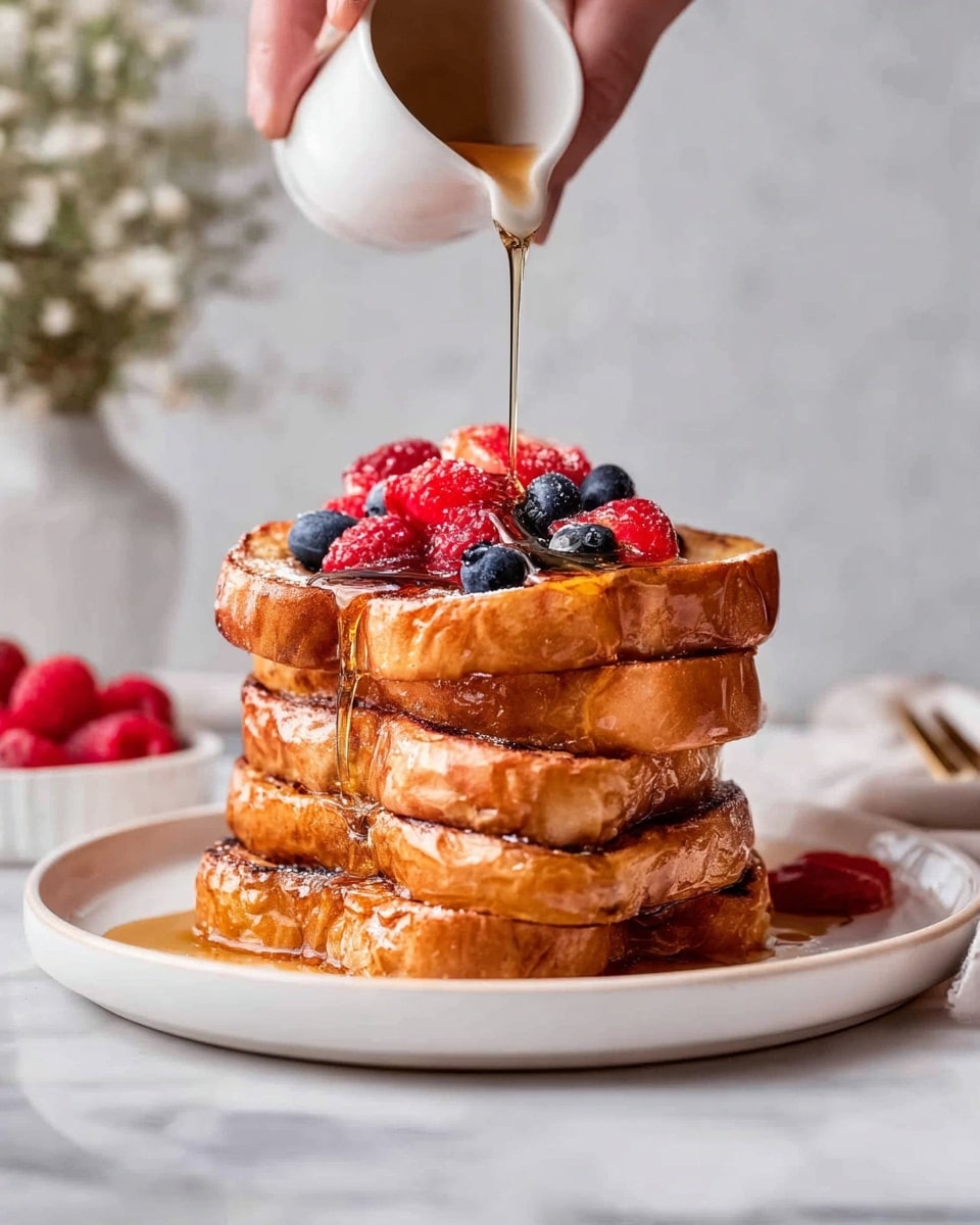 A slice of golden-brown French toast sits on a white plate with a pool of light brown syrup around it, topped with a mix of fresh, bright red raspberries and deep blue blueberries. A silver fork pierces the toast from the right side, pushing into its soft texture. The plate rests on another white plate on a white marbled surface. A small white dish with extra raspberries and a white container with syrup are partially visible in the background. Photo taken with an iphone --ar 4:5 --v 7