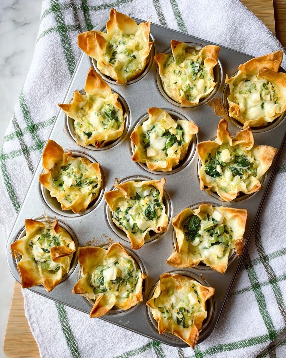 The image shows several baked filo pastry cups arranged on a white plate, each cup having roughly five to six thin, golden-brown, crispy layers that create a flower-like shape with pointed, slightly browned edges. Inside the cups is a creamy mixture topped with melted white cheese that appears slightly bubbly and browned in spots. Mixed within the creamy filling are dark green cooked spinach leaves, adding texture and color contrast to the soft melted cheese. The plate rests on a white marbled surface, and the focus is on the front pastry cup, showing detailed textures of pastry and filling. photo taken with an iphone --ar 4:5 --v 7