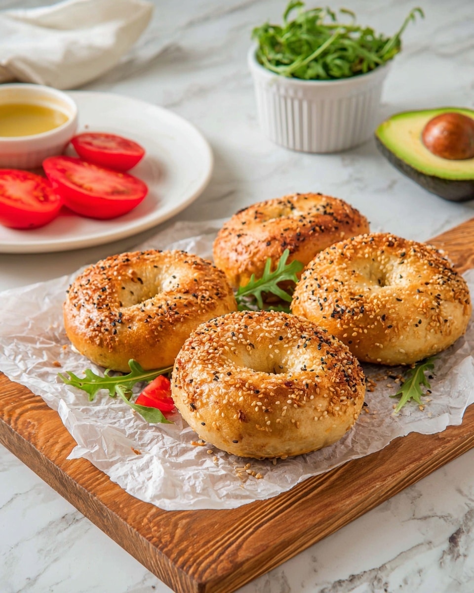 The image shows a sesame seed bagel sandwich cut in half and placed on white parchment paper over a wooden board. The bottom layer is the light golden inside of the bagel, topped with creamy white cheese spread, bright red tomato slices, and fresh green leafy arugula. The top layer is the golden brown sesame seed-covered bagel half, slightly raised to reveal the filling inside. In the background, there is a whole sesame seed bagel and sliced red tomato pieces with a halved avocado on a white plate, all sitting on a white marbled surface. Photo taken with an iphone --ar 4:5 --v 7