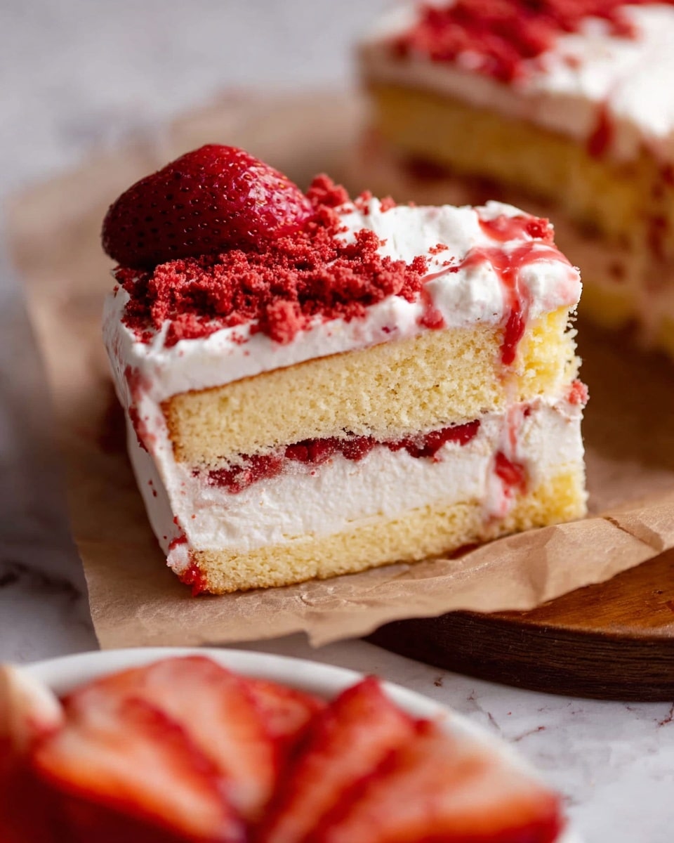 A round cake with three visible layers sits on brown parchment paper over a wooden slab; the bottom layer is a light yellow sponge cake, topped by a thick white cream layer with bits of red crumbs, followed by another white cream layer with crushed red crumbs on the sides. On top is a generous pile of whole and halved bright red strawberries with a glossy syrup dripping down the sides. A slice is cut out and placed in the front, showing all layers and some syrup dripping from it. There are scattered red crumbs and strawberry pieces around the base, all set on a white marbled surface with a soft peach background. photo taken with an iphone --ar 4:5 --v 7
