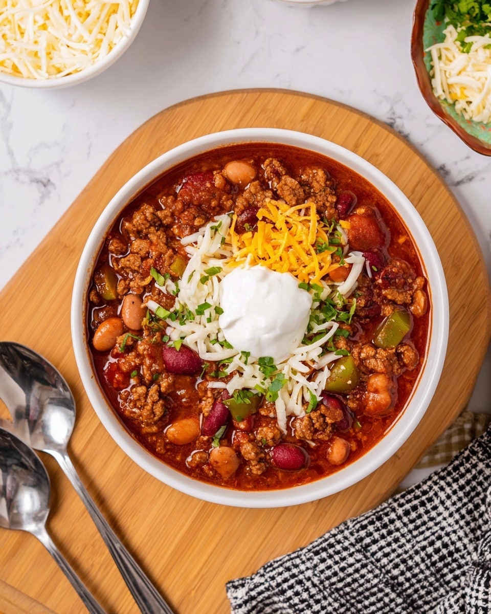 The image shows a slow cooker filled with chili made of ground beef, white beans, red kidney beans, and diced tomatoes in a rich reddish-brown sauce. The chili has a chunky texture with visible layers: browned meat and beans mixed evenly in the thick sauce, with finely chopped green herbs sprinkled on top. A white spoon with a wooden handle is scooping a portion of the chili, highlighting the mix of ingredients and textures. The slow cooker sits on a white marbled surface, and in the background, there is a white bowl with green leaf patterns. Photo taken with an iphone --ar 4:5 --v 7