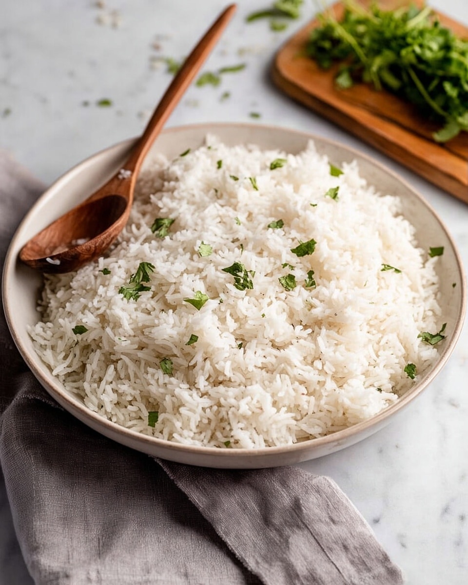 A white bowl filled with a large serving of cooked white rice, topped with small green herb leaves scattered evenly across the surface. The rice looks fluffy and soft, showing the texture of each grain clearly. A wooden spoon is placed inside the bowl on the left side, slightly covered by rice. The bowl sits on a white marbled surface with a light gray cloth napkin folded beside it on the right and a small bunch of fresh herbs on a wooden board in the background. Photo taken with an iphone --ar 4:5 --v 7