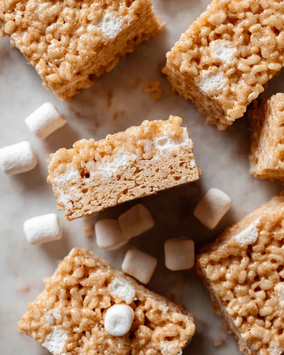 The image shows several rice crispy treats cut into square pieces arranged closely on a white marbled surface. Each piece has two visible layers of light golden brown, crispy rice cereal mixed with melted marshmallows, with some white marshmallow bits visible inside and on top, giving a slightly sticky and gooey texture. Small white marshmallows are scattered around the treats on the surface, adding contrast. The treats have a rough, airy texture with tiny holes and a slightly shiny appearance from the melted marshmallow. photo taken with an iphone --ar 4:5 --v 7