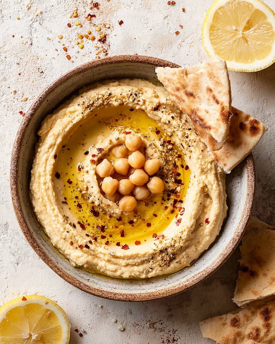 A clear food processor bowl is shown from above, filled with three layers of ingredients: pale beige chickpeas covering most of the container, a dollop of creamy off-white tahini on the left side, and small piles of beige powder, coarse salt crystals, and black pepper scattered over the chickpeas near the center and bottom right. The sharp metal blades with a curved shape sit in the middle over the ingredients. The bowl sits on a white marbled surface. photo taken with an iphone --ar 4:5 --v 7