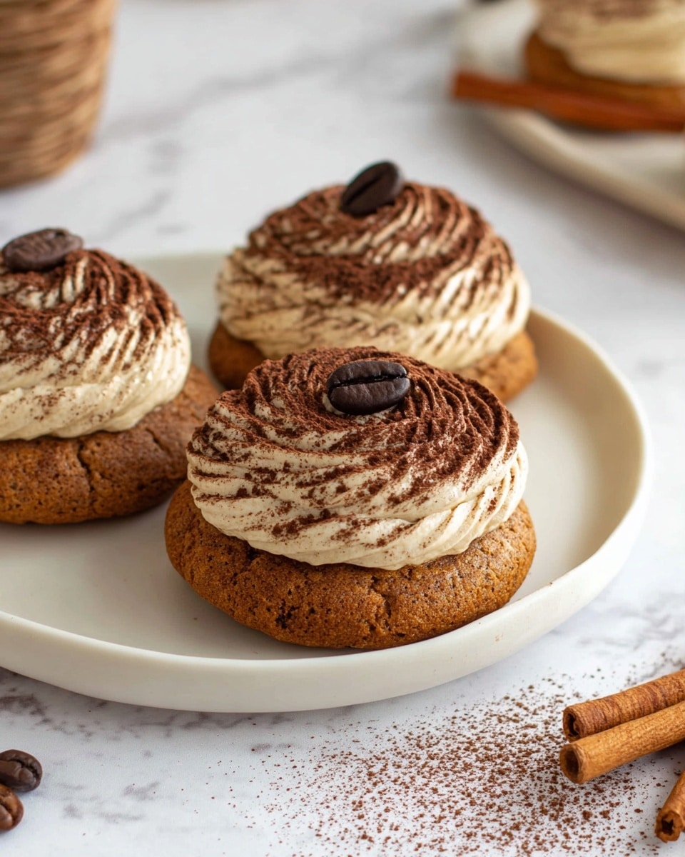 The image shows three layered cookies on a white plate placed on a white marbled surface. Each cookie has a soft, thick brown base with a slightly rough texture, topped with a swirl of light cream-colored frosting dusted with cocoa powder, creating a dark brown pattern. A single dark brown coffee bean sits on top of each frosting swirl, adding detail. Cocoa powder is sprinkled lightly on the plate near the cookies, and cinnamon sticks and coffee beans are visible blurred in the background. photo taken with an iphone --ar 4:5 --v 7