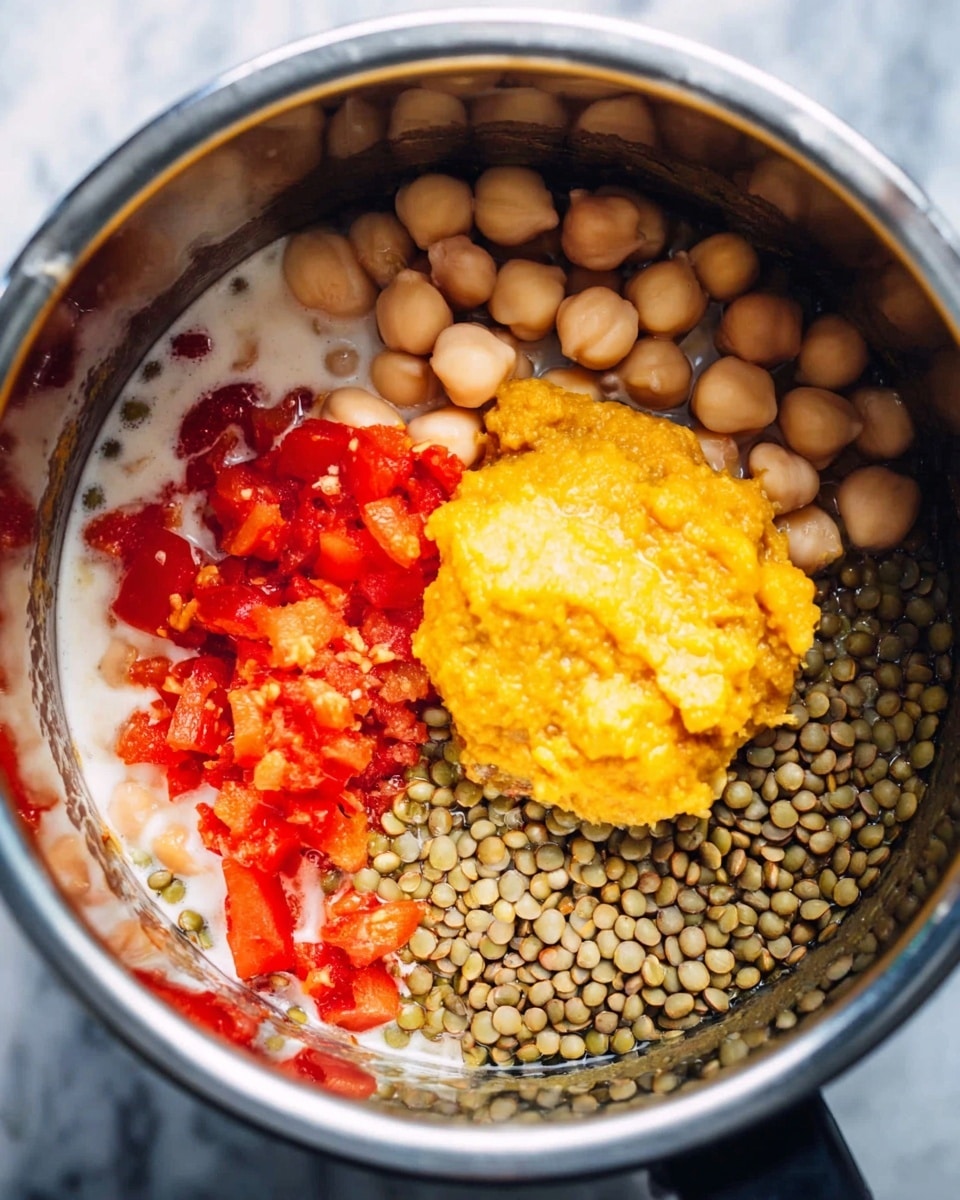 A close-up view of a thick, orange-yellow lentil soup served in a white bowl, showing two main layers: the chunky lentil base with visible green herbs and small orange vegetable pieces, and white cream swirled on top in uneven patches. A silver spoon scoops up some soup from the front right, displaying the textured mix of lentils, chickpeas, and greens. The bowl is placed on a crumpled beige paper surface with scattered green leaves nearby, all set on a white marbled background. Photo taken with an iphone --ar 4:5 --v 7