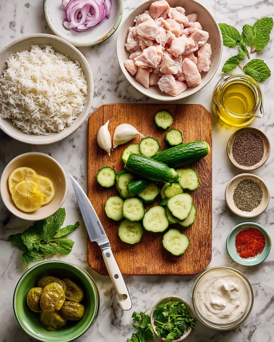 The image shows a wooden cutting board on a white marbled surface with five small green cucumbers, one partly sliced into rounds with a white-handled knife lying on top. Around the cutting board, there are several white bowls: one filled with chopped raw chicken pieces on the top left, one with cooked white rice on the bottom left, one with a creamy white sauce on the bottom right, and one with sliced red onion on the top right. Small bowls hold spices in different colors such as dark brown, light brown, black, and pale yellow, as well as green herbs. There is also a glass jar of olive oil, two peeled garlic cloves in a small green bowl, a bowl of lemon halves on the bottom center, and a glass container with chopped pickles. Fresh mint leaves are scattered on the surface photo taken with an iphone --ar 4:5 --v 7