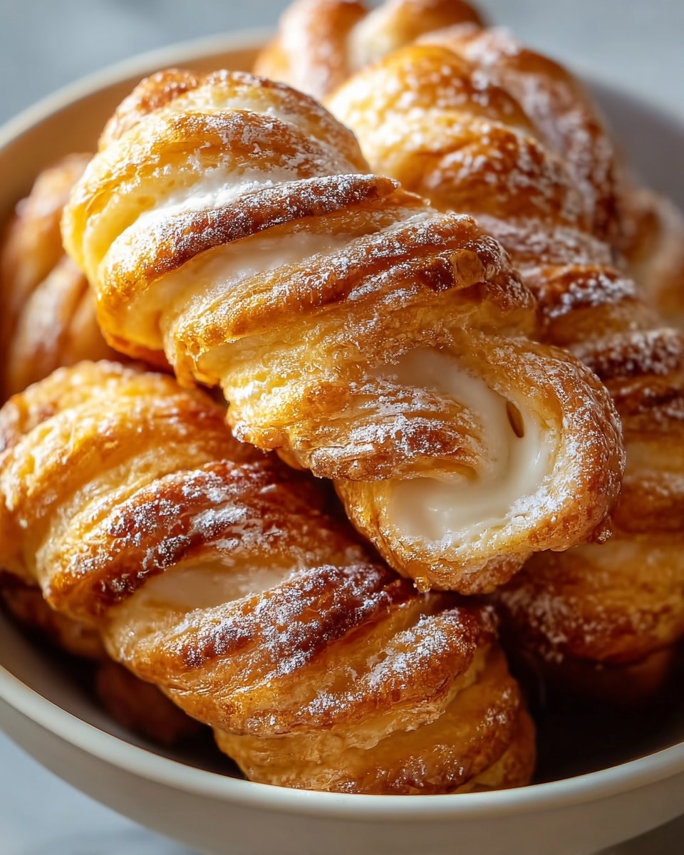 The image shows a close-up of five cinnamon rolls stacked on a white plate sitting on a white marbled surface. Each roll has three distinct layers visible: the outer flaky golden-brown dough with a glossy finish, a middle sticky cinnamon sugar layer in a warm brown color, and an inner creamy white icing layer that peeks out from the spirals on top and sides. The rolls have a dusting of powdered sugar and cinnamon powder on top, adding a slightly grainy texture. The shot focuses on the front rolls, making the layers and textures clear and inviting. photo taken with an iphone --ar 4:5 --v 7