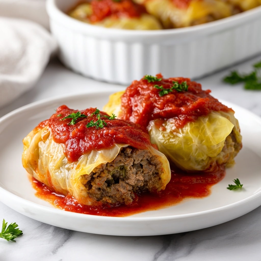 The image shows cabbage rolls covered in a thick red tomato sauce with small green parsley leaves sprinkled on top. In the large white casserole dish, the rolls are packed closely together, each covered with the bright red sauce with visible texture of cooked tomatoes. On a white plate in the foreground, three cabbage rolls sit with layers of pale green cabbage wrapped around a brown meat filling, with tomato sauce pooling around the rolls. Another smaller white plate with one cabbage roll is seen in the background. The setting includes a black fork and a black and beige checkered cloth on a white marbled surface, with sprigs of fresh parsley placed nearby. Photo taken with an iphone --ar 4:5 --v 7