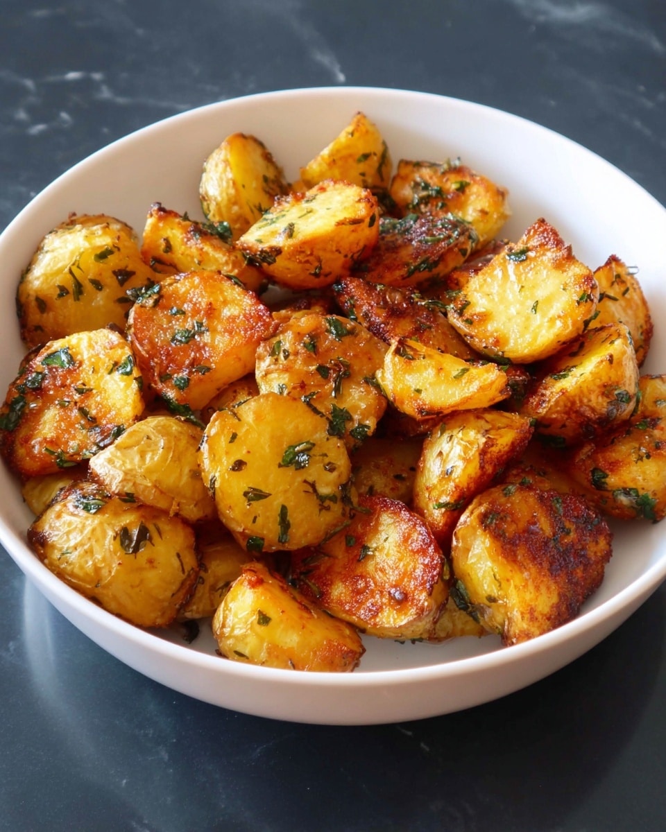 A white bowl filled with golden-brown roasted potato pieces, each piece showing a crispy, slightly charred texture with a soft inside. The potatoes are cut into chunky, irregular round and oval shapes, coated with green herbs scattered evenly across the surface. The bowl is set on a white marbled texture, enhancing the warm colors of the potatoes. Photo taken with an iphone --ar 4:5 --v 7
