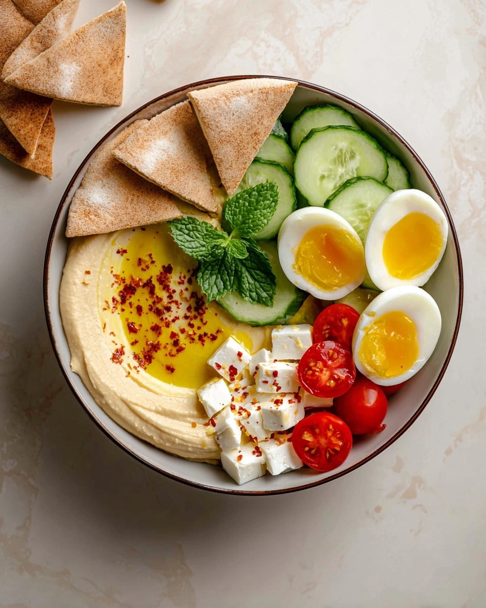 The image shows an arrangement of ingredients on a white marbled texture. There are four pieces of pita bread folded and stacked on the top left corner. Below them, a small brown flower-shaped bowl holds two brown eggs. To the right of the eggs, there is a clear glass bottle filled with golden olive oil. Below the olive oil, a bunch of fresh green mint leaves are placed. At the center left, a light grey flower-shaped bowl contains smooth, pale yellow hummus. Center right is a white flower-shaped bowl filled with halved, bright red cherry tomatoes. Below the tomatoes, a small white bowl holds sliced fresh green cucumber rounds. To the bottom right, a round bowl with a beige outer rim has two rectangular blocks of white feta cheese. At the bottom left, a small white bowl contains two piles of spices: greenish dried herb blend and reddish chili flakes. Photo taken with an iphone --ar 4:5 --v 7