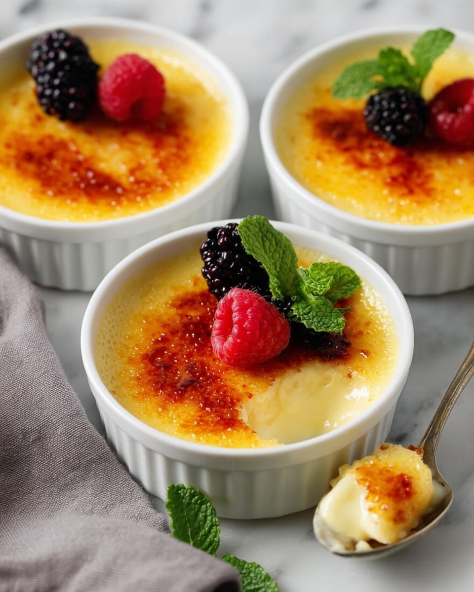 A close-up view of a white shallow round dish filled with crème brûlée, showing a golden-brown caramelized sugar top layer with cracks revealing a creamy pale yellow custard underneath. On top, there are two berries—one bright red raspberry and one dark blackberry—paired with two green mint leaves for decoration near the edge. A silver spoon with a detailed handle is scooping some custard from the right side of the dish, with the creamy texture visible on the spoon and dish. The dish rests on a white marbled surface with some out-of-focus green herbs in the background. Photo taken with an iphone --ar 4:5 --v 7