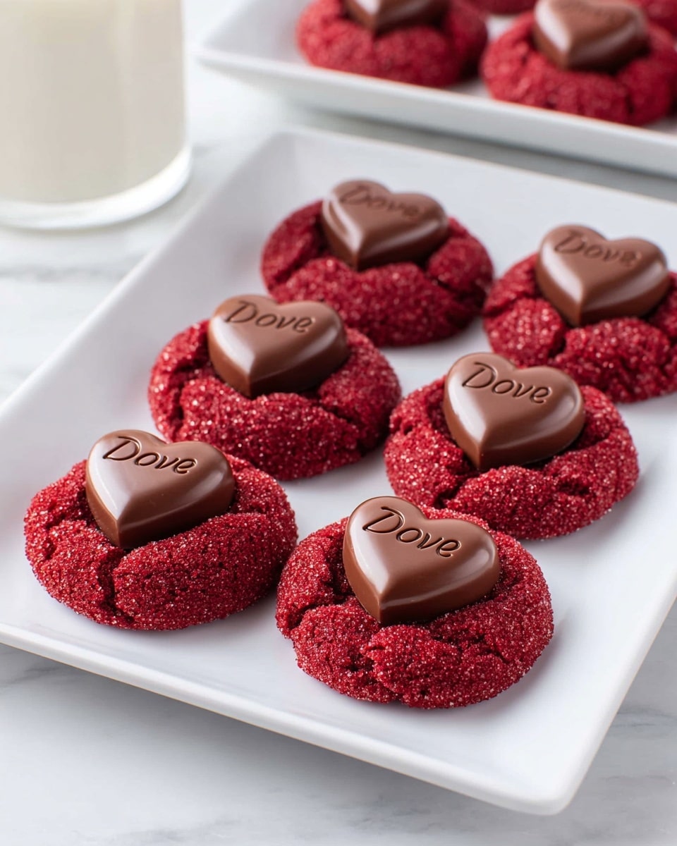 The image shows several red velvet cookies arranged neatly on a white square plate, each with a round shape and coated in red sugar crystals that give a sparkly texture. On top of each cookie, there is a milk chocolate heart piece placed in the center, adding a smooth, shiny brown layer contrasting with the rough red base. In the background, more cookies sit on a cooling rack, and there’s a clear glass of milk with a red polka dot sleeve, filled about three-quarters full, standing on a white marbled surface. The overall scene is bright and clean, focusing on the rich red and brown colors of the cookies against the white setting. photo taken with an iphone --ar 4:5 --v 7
