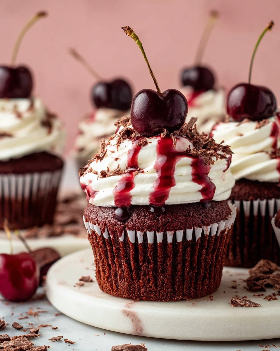 The image shows a close-up of a chocolate cupcake with three main layers. The bottom layer is dark, moist chocolate cake with a moist texture, partially wrapped in a white cupcake liner that is peeled open. Inside the cake, there is a middle layer of bright red cherry filling with visible cherry pieces, oozing slightly. On top of the cupcake, there is a thick, creamy white frosting sprinkled with small chocolate shavings. Finally, a shiny deep red cherry with a green stem sits on the very top as a garnish. In the background, there are more cupcakes with similar frosting and cherries, all placed on a white marbled surface. photo taken with an iphone --ar 4:5 --v 7
