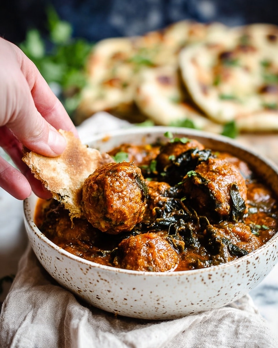A white bowl filled with a rich orange-brown creamy sauce with visible spices and herbs, holding multiple round meatballs that have a textured surface. The dish is garnished with fresh bright green cilantro leaves scattered on top. A silver spoon is partially submerged at the left side of the bowl. The background has a blurred white marbled texture with hints of green herbs and beige pieces of bread or naan, slightly out of focus. photo taken with an iphone --ar 4:5 --v 7