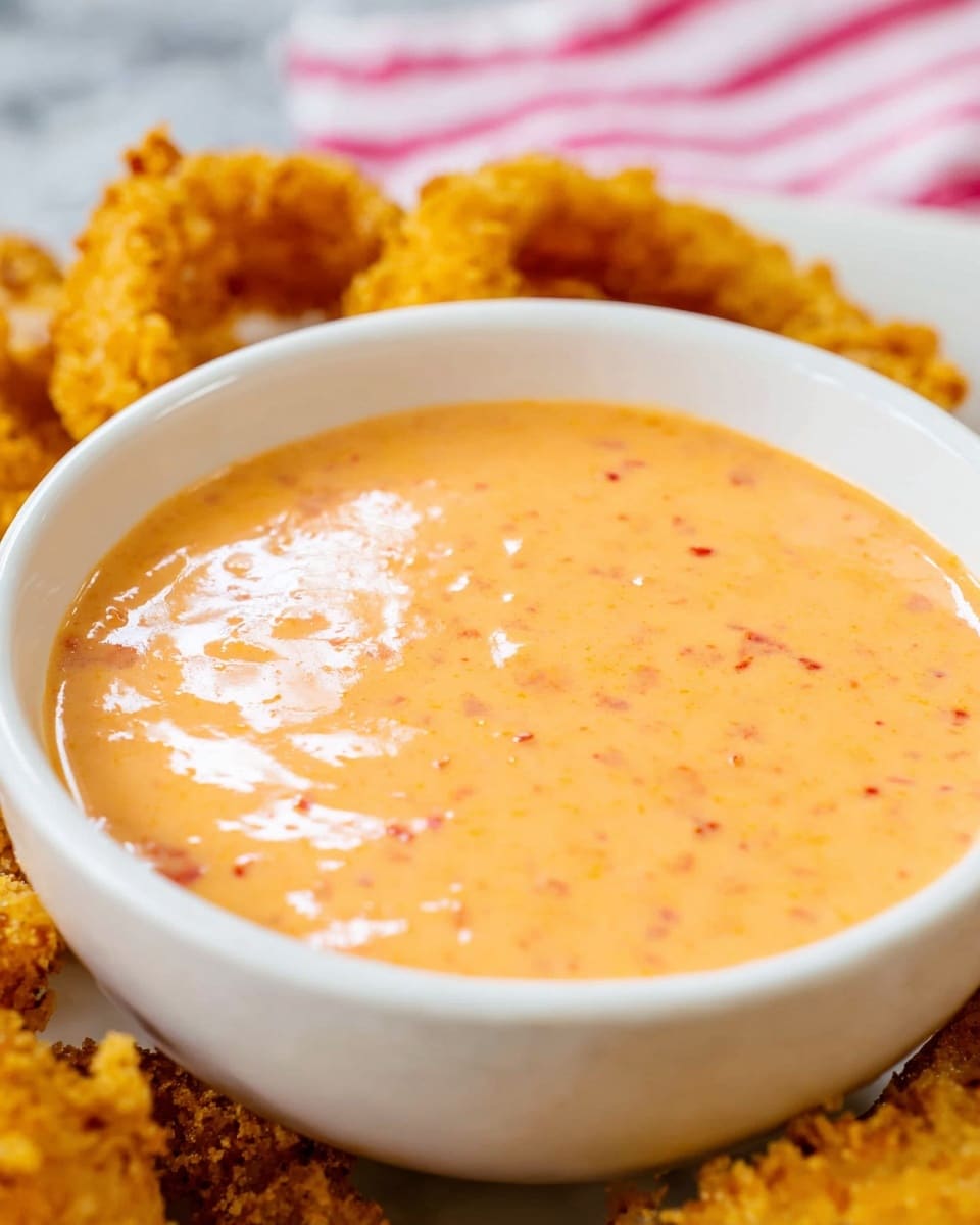 A close-up image of a smooth, creamy orange dip with tiny red specks inside, served in a white bowl. The dip fills the bowl almost to the top, showing a shiny, thick texture. Surrounding the bowl on the bottom edge of the frame, there are crispy, golden-brown fried onion rings with a coarse, crunchy coating. The background features a white marbled surface with a hint of a pink striped cloth blurred in the background. Photo taken with an iphone --ar 4:5 --v 7