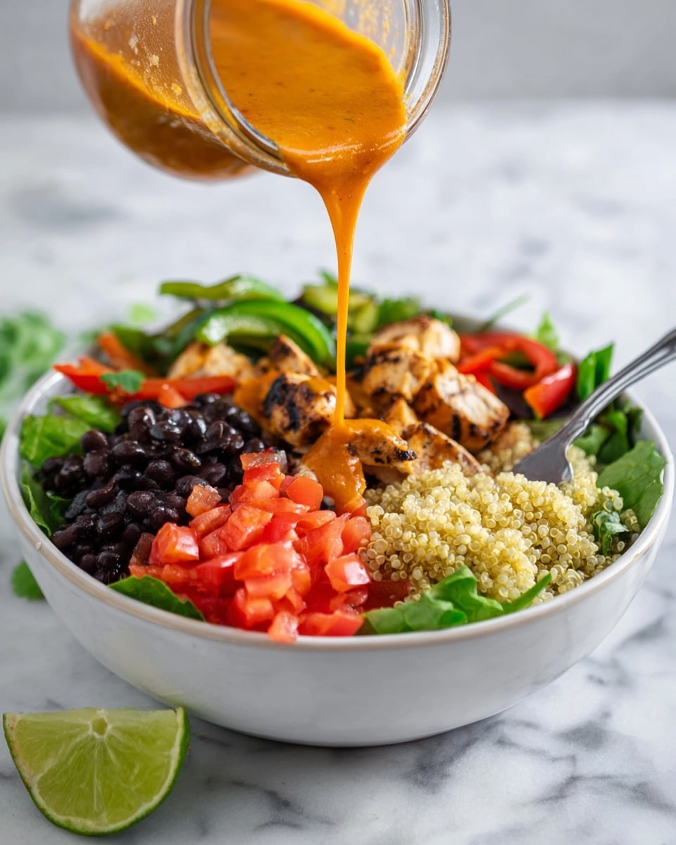 A small clear glass jar filled with bright orange sauce sits in front of a white marbled surface. A spoon with some sauce drips down into the jar, held by a woman's hand at the top left corner. In the blurry background, there is a white bowl filled with black beans, chopped tomatoes, and some sliced chicken. There is also a small white bowl with chopped onions visible on the left and a lime wedge on the left bottom corner of the frame. Photo taken with an iphone --ar 4:5 --v 7