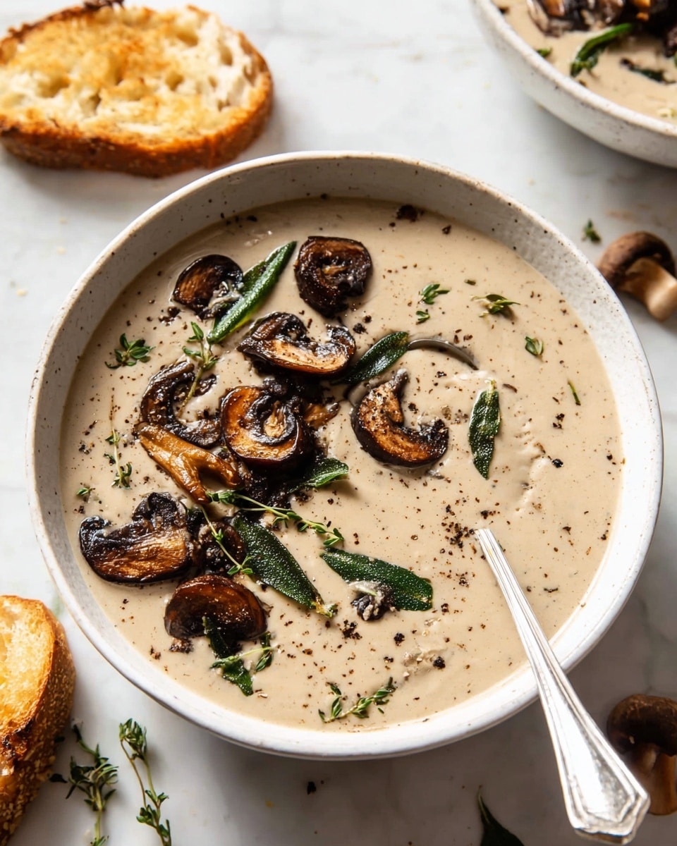 A white bowl filled with creamy mushroom soup that has a light beige color and smooth texture spread evenly around the bowl. On top, there are several sautéed dark brown mushrooms and green fried sage leaves scattered mainly on one side, adding a crispy texture. Tiny green thyme sprigs and cracked black pepper are sprinkled over the soup, giving it a fresh and slightly rough look. A silver spoon rests inside the bowl, partially submerged in the soup, with a few mushroom slices on it. The bowl sits on a white marbled surface with a piece of toasted bread nearby and raw mushrooms and thyme scattered around. Photo taken with an iphone --ar 4:5 --v 7