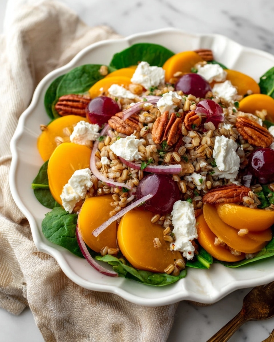 A white scalloped bowl holds a colorful salad with several layers: at the bottom are fresh green spinach leaves, topped with a layer of soft beige grains, followed by thin orange slices of persimmon arranged in a fan shape around the bowl's edge. Scattered on top are dark red grapes, crunchy brown pecans, and thin pale purple onion rings. White crumbles of cheese are sprinkled over everything, adding a creamy texture. The bowl sits on a beige cloth on a white marbled surface next to two silver forks on the left, a small white bowl of pecans, a white bowl of golden yellow dressing with green herbs, and a whole orange persimmon to the right. Photo taken with an iphone --ar 4:5 --v 7