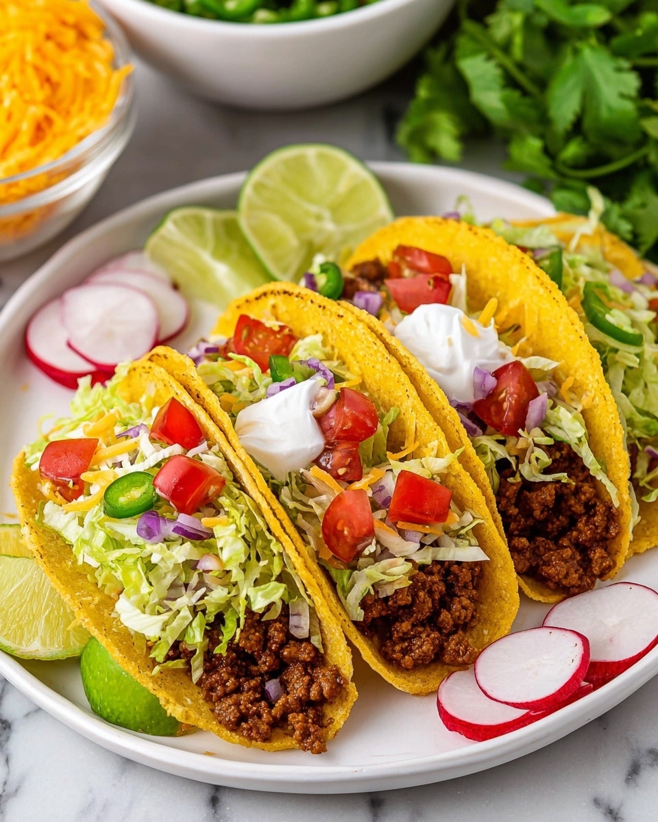 A close-up of a white bowl filled with a thick layer of reddish-brown cooked ground meat mixed with small pieces of translucent cooked onions, showing a slightly chunky texture. A metal spoon scoops a portion of the meat from the bowl, slightly raised, revealing the moist and soft consistency. In the background, there is a white plate with bright yellow taco shells and a wooden board topped with fresh, bright green cilantro greens and half a sliced lime, all placed on a surface with a white marbled texture. A blue and white checkered cloth is partially visible at the bottom right. photo taken with an iphone --ar 4:5 --v 7