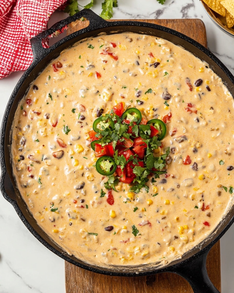 A close-up view shows a woman's hand holding a large, light beige tortilla chip dipped halfway into a creamy, thick cheese dip filled with small chunks of black beans, corn, and bits of red and green peppers. The dip sits in a white round pan, topped with a small pile of chopped green herbs and diced red peppers on one side. The background is a white marbled texture. The colors are warm and inviting, with the creamy yellow cheese contrasting with the colorful vegetables and herbs. photo taken with an iphone --ar 4:5 --v 7