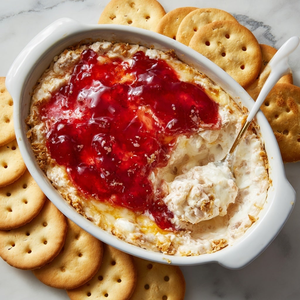 A white oval dish holds a two-layer dip; the bottom layer is smooth and light yellow, the top layer is a shiny, bright red jelly-like spread sprinkled with small green chopped herbs. The dish is placed on a round wooden board filled with many round, beige crackers with small holes. A woman's hand with a ring is holding one cracker, ready to dip it into the red layer. The background is a white marbled surface scattered with some green herbs and a small white bowl filled with more chopped green herbs. Two glasses of amber liquid are visible at the top left corner. Photo taken with an iphone --ar 4:5 --v 7