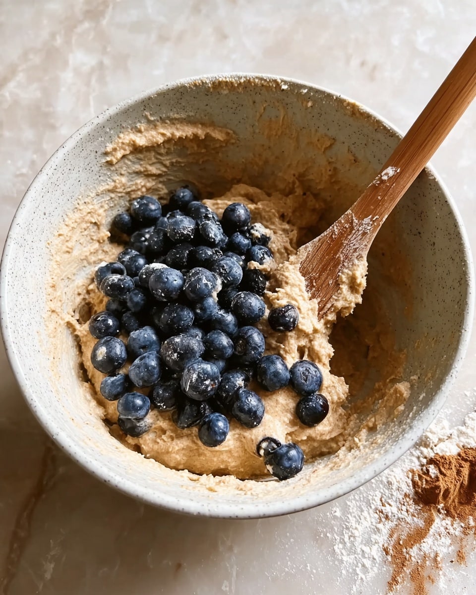 A white speckled mixing bowl contains thick, light brown batter with a slightly grainy texture, partially mixed with a pile of fresh, plump, dark blue blueberries resting on top. A wooden spatula with batter sticking to it is angled inside the bowl, showing some of the mixture attached to its surface. The bowl sits on a white marbled surface scattered lightly with white flour and brown cinnamon powder around it. photo taken with an iphone --ar 4:5 --v 7