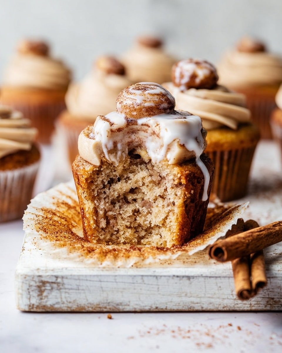 A close-up of a cupcake with three layers: the bottom layer is a moist, textured cinnamon-speckled cake, the middle layer is a swirl of light brown cinnamon-flavored frosting with a soft, creamy texture, and the top layer is a small cinnamon roll drizzled with glossy white icing that drips slightly down the side; the cupcake is cut in half showing the inside crumb, placed on a white distressed wooden board with cinnamon sticks beside it, and more cupcakes with the same layers blurred softly in the background on a white marbled surface. photo taken with an iphone --ar 4:5 --v 7