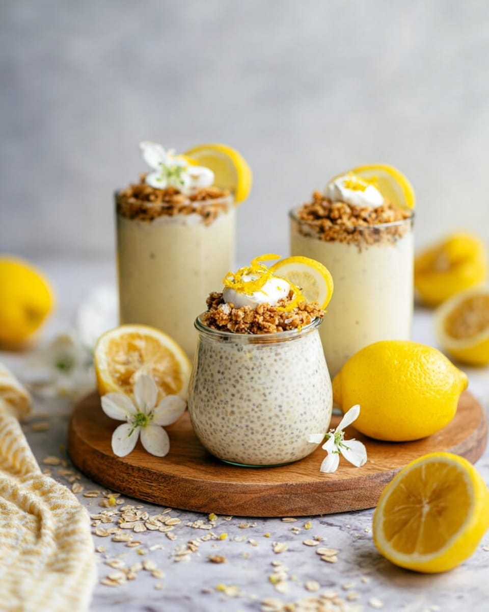 The image shows a small glass jar filled with a three-layer creamy dessert. The bottom layer is a light beige oatmeal mixture with visible small chia seeds spread throughout. The middle layer is a slightly lighter creamy oatmeal with chia seeds, creating a smooth texture. The top layer is a thick white cream dollop, sprinkled with small bright yellow lemon zest. A lemon wedge is placed upright on the cream top. In the blurred background, there are other similar jars and a whole lemon, all placed on a white marbled surface with a wooden board underneath the main jar, along with scattered lemon zest and white flower petals. Photo taken with an iphone --ar 4:5 --v 7