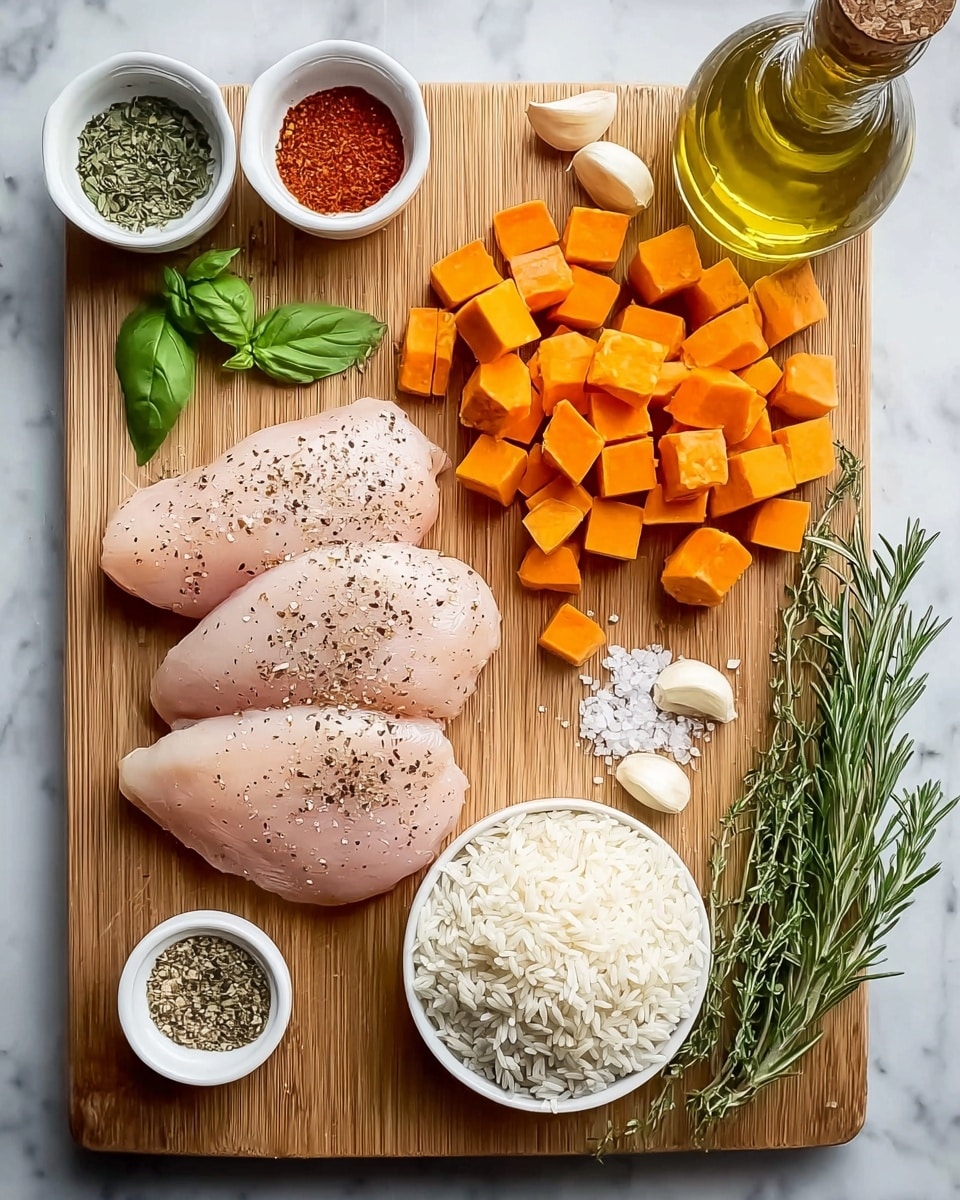 A bowl filled with three main layers arranged side by side on a white marbled surface; on the left, roasted sweet potato cubes with a rich orange color and slightly crispy edges; in the middle, grilled chicken pieces with a golden-brown sear and a drizzle of creamy beige sauce; on the right, a base of cooked brown rice with plump and slightly shiny grains; all the ingredients are sprinkled with finely chopped green herbs for garnish, and the bowl itself is white. photo taken with an iphone --ar 4:5 --v 7