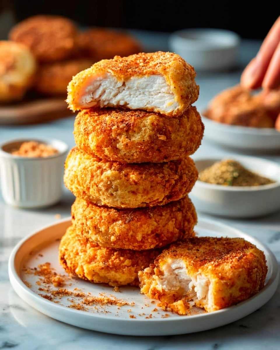 The image shows a close-up of a crispy, round croquette with one bite taken out, revealing a soft, creamy white inside layer with a smooth texture. The outer layer is golden brown and crunchy, made of fine breadcrumbs. In the background on the white plate, there are two more whole croquettes slightly blurred, and a small green garnish can be seen for color contrast. The plate is set on a white marbled surface. There are a few small breadcrumb crumbs scattered around the croquette on the plate. Photo taken with an iphone --ar 4:5 --v 7